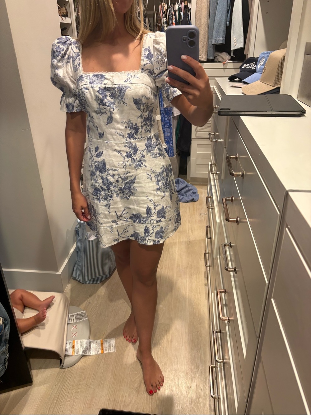 Reformation Blue Floral Square-Neck Puff-Sleeve Mini Dress - Picture 4 of 5